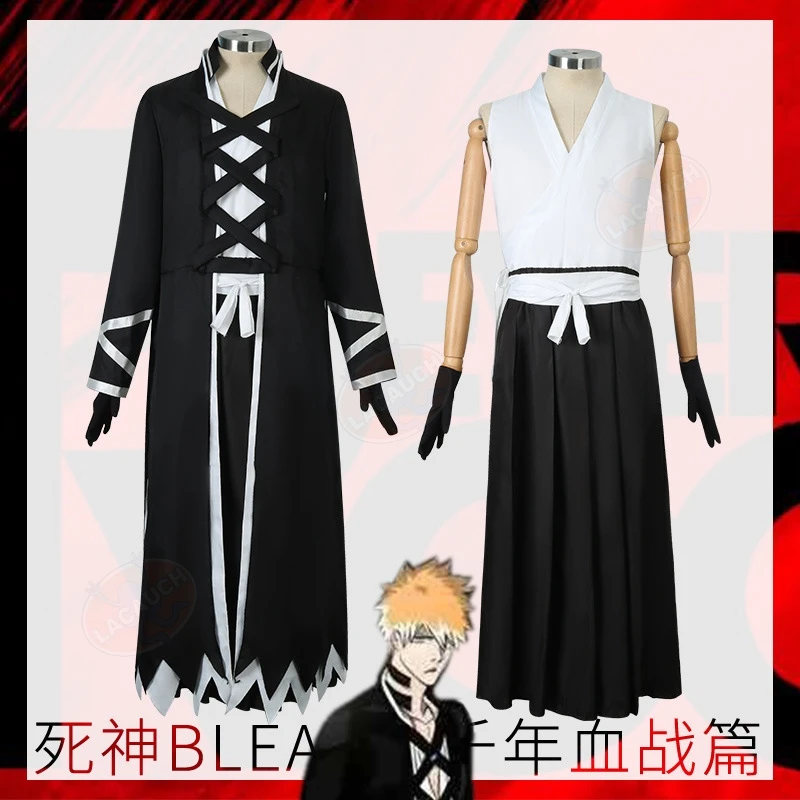 Anime Bleach Kurosaki Ichigo Cosplay Costume Thousand-Year Blood War Wigs Straw Sandals Black Shinigami Outfit Uniform Halloween