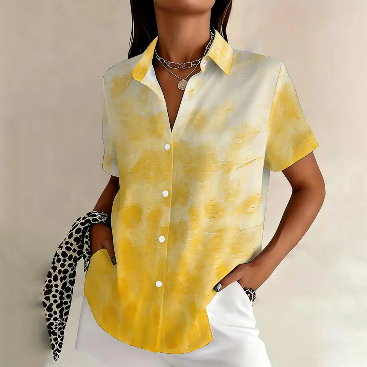Simple and personalized ink dyed printed summer women's plus size lapel short sleeved shirt, fashionable daily versatile top