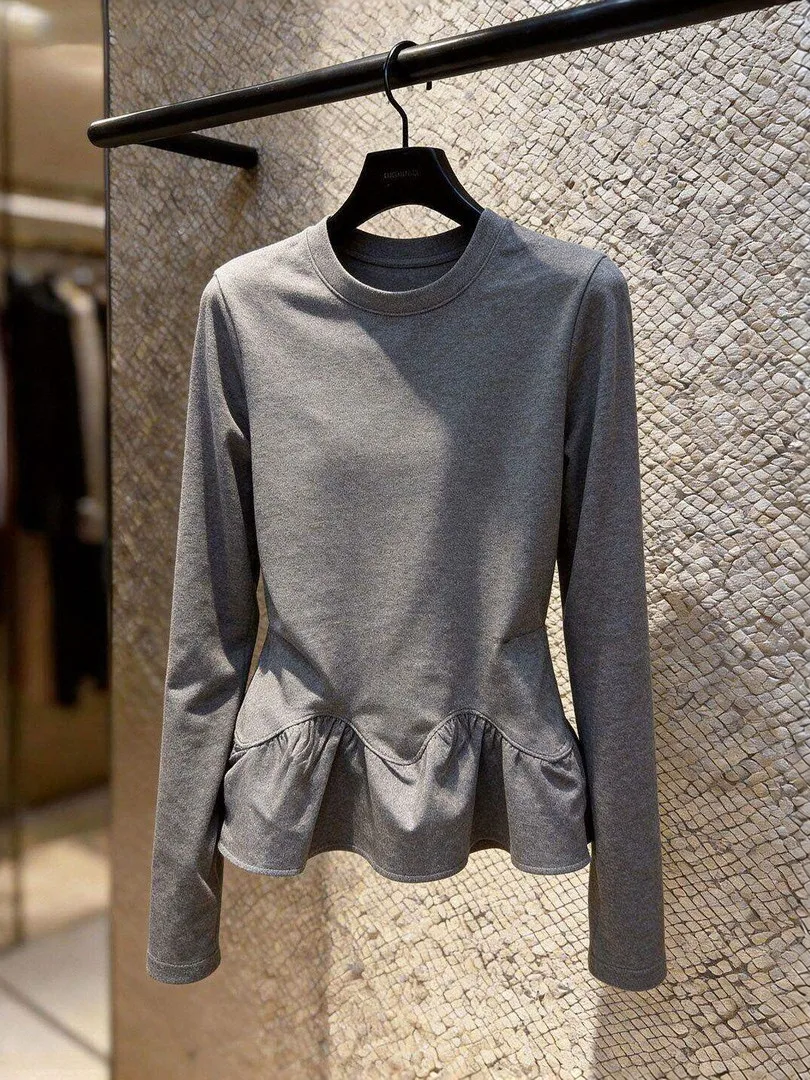 Korean Round Neck Long Sleeve Base Layer Top for Women, New Versatile Slim Fit Plus Size Inner Shirt, Unique Design Ruffle Waist