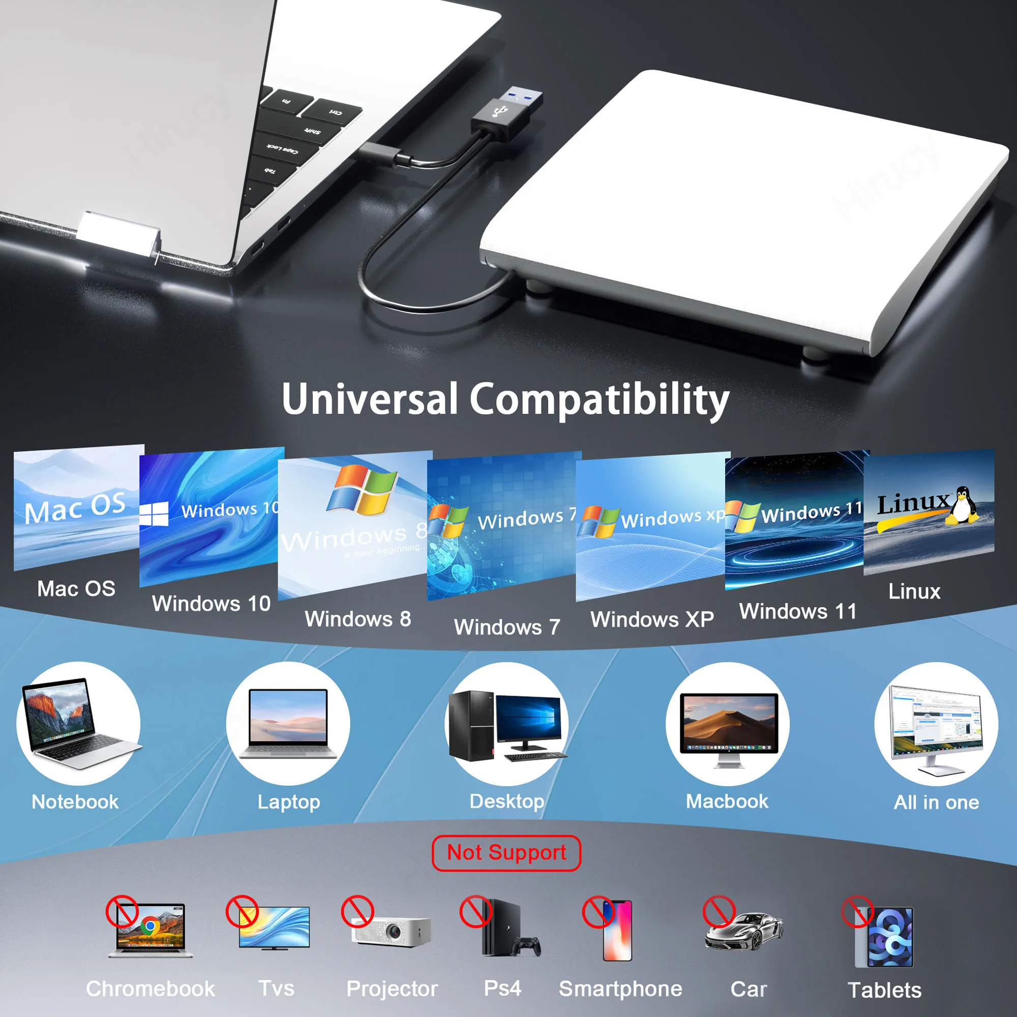 External Blu ray Drive BD/DVD-RW Optical Drives for Laptop Desktop CD Player Burner Compatible with Windows 11 10 Mac OS