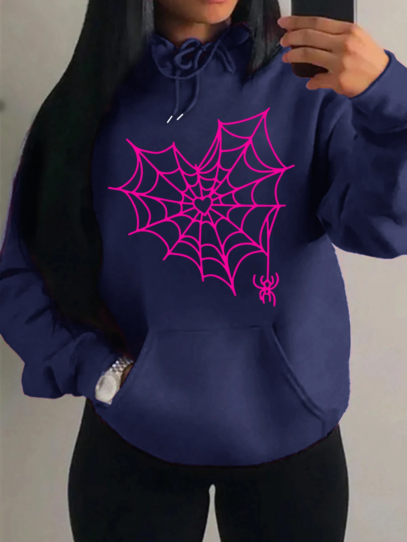

Love Pink Spider Web Creative Print Women Hoodie New Street Casual Sweatshirt Fashion Fleece Hoody Pocket Comfortable Female