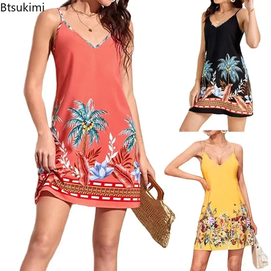 

Summer Beach Style Vacation Mini Dresses 2024 Women's Fashion Print Sleeveless V-neck Sling Short Skirts Casual Sexy Dress Femme