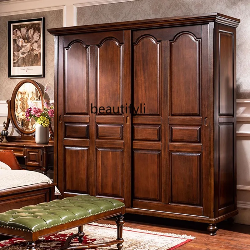 Simple American all-solid wood push door wardrobe sliding door bedroom storage storage furniture home