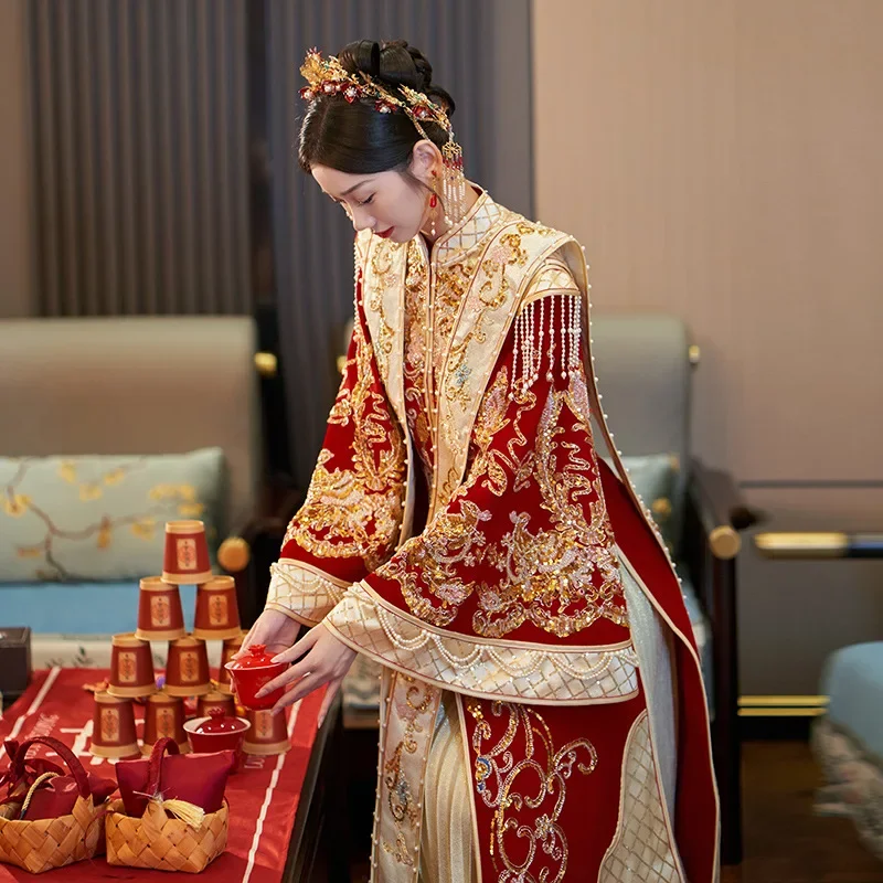 Xiuhe 웨딩 드레스, 벨벳 피닉스 크라운, 샤페이 한푸, 궁전 웨딩 드레스, 용과 피닉스 스커트