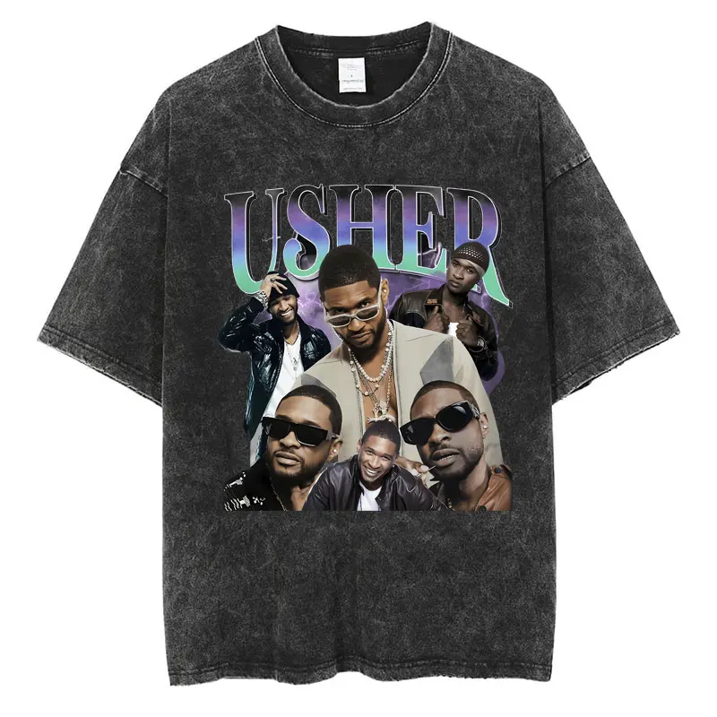 Usher Past Resent Future 2024 Tour Washed T Shirt Hip Hop Retro Harajuku Tshirt Men Women Loose High Quality Cotton Street Tees image 3