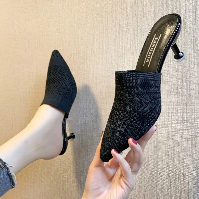 Knit Mesh Breathable High heels Mules slippers women New summer shoes women Pointed Toe Thin Heels Fashion Party ladies shoes