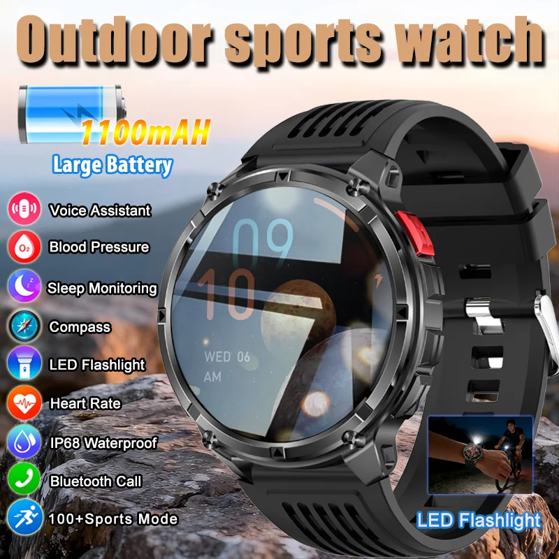 2026 New Smart Watch 1.7 HD Display 1100mAh Battery BT Call LED Flashlight Multi Sport Modes Pedometer Men Sports Smartwatch