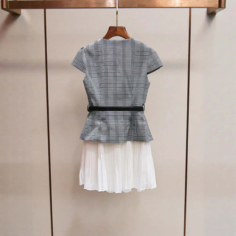 Summer New Plaid Splice High Waist Hepburn Style Women's Dress A-Line Skirt Short Sleeve Polyester Fiber Commute Style
