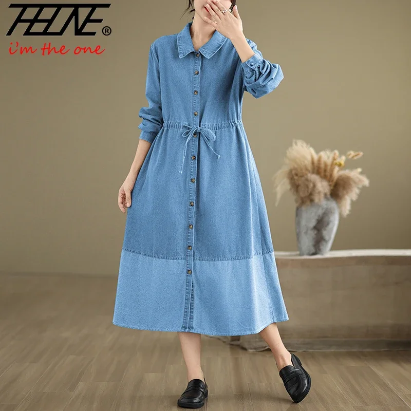 THHONE Autumn Winter Casual Denim Dresses for Women Patchwork Long Sleeve Vintage Loose Adjustable Waist Turndown Collar Dresses