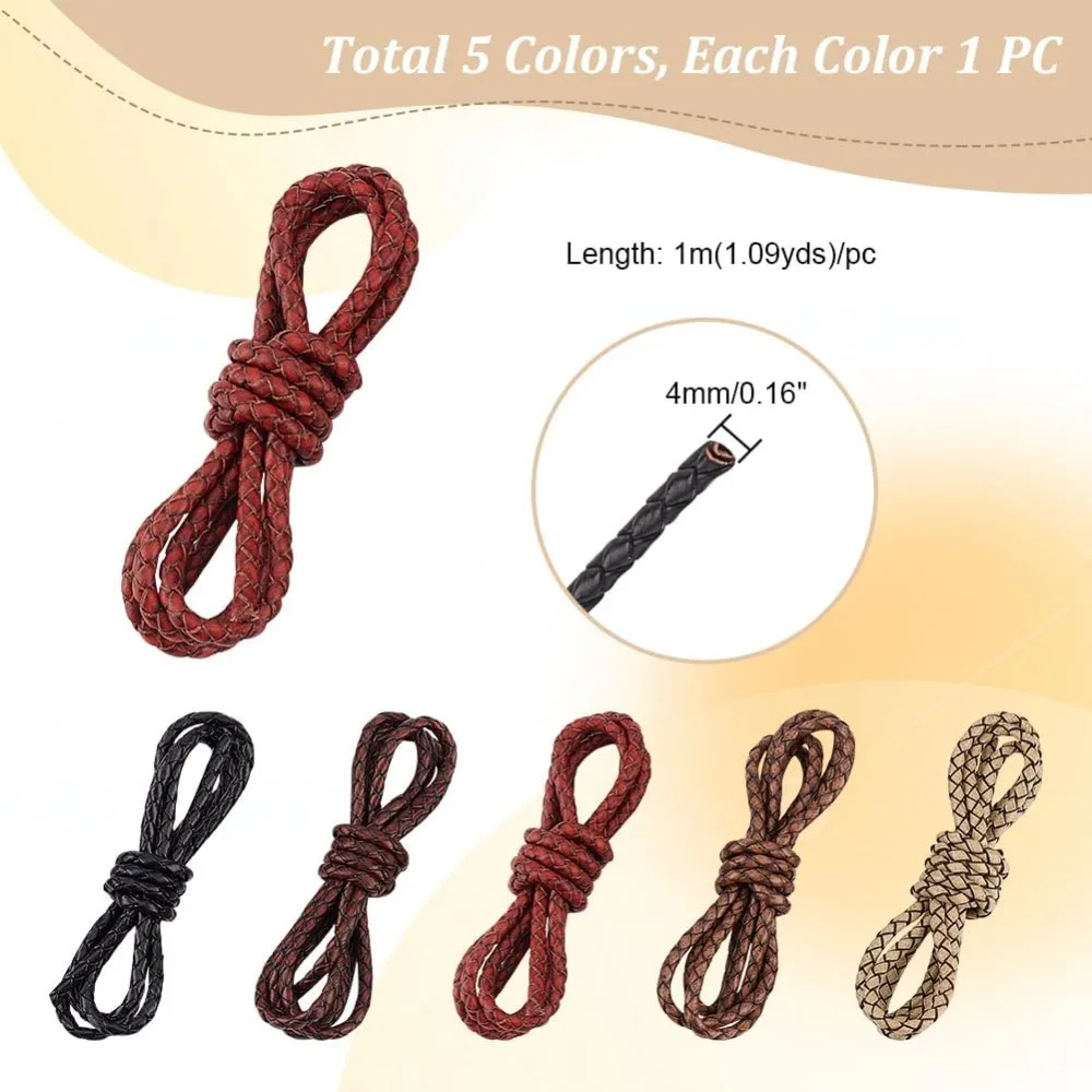 Round Braided Leather Cord 4mm 5.47 Yards Bolo Round Rope for Jewelry Making Round Braided Bolo Leather Strip Leather Rope