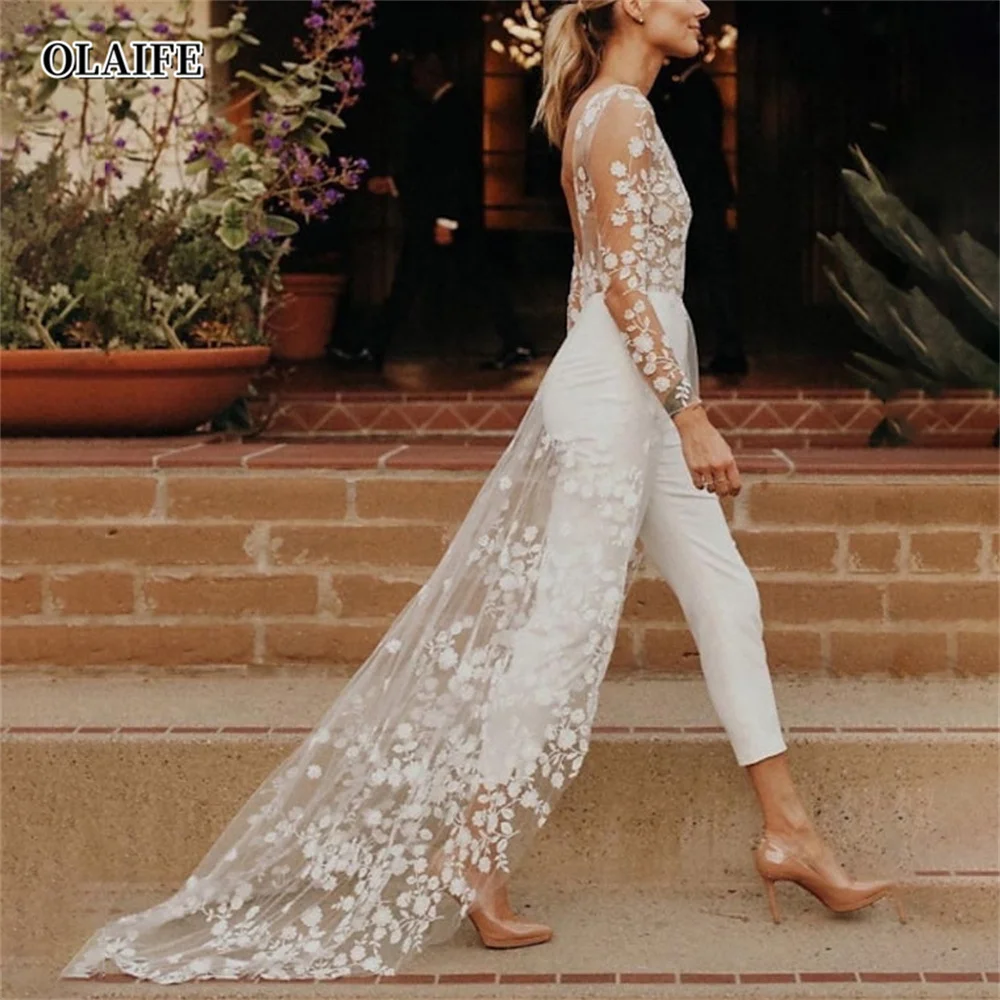 Long Sleeves Scoop Wedding Pant Suit Styles With Flower vestido de novia vestidos novias boda свадебное платье