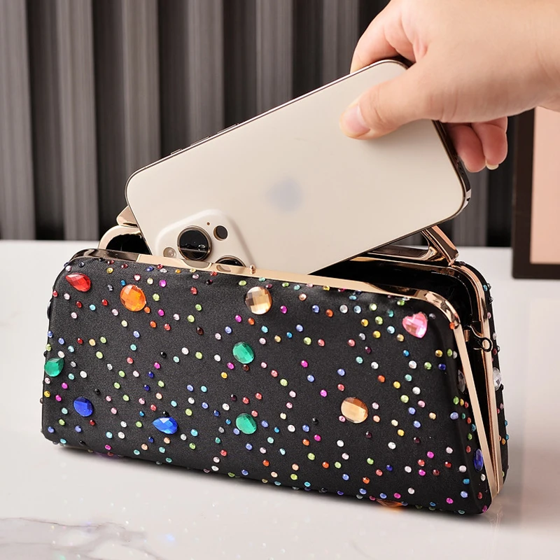 Bolsos de mano de noche para mujer, bolso cruzado de marca de lujo con diamantes, bolsos negros de alta calidad para mujer, bolso de hombro ostentoso a la moda para teléfono