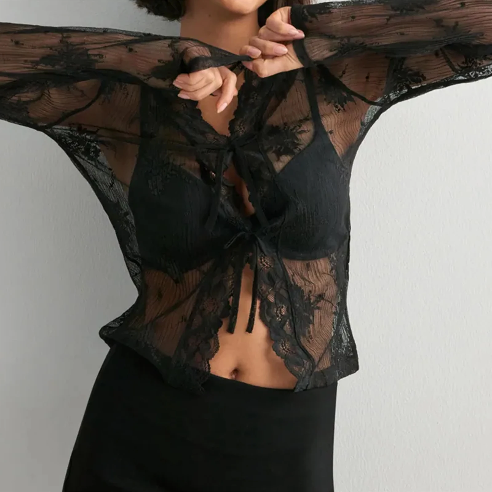 New Womens Tie-Up Front Tops Long Sleeve V Neck Slim Fit Sheer Lace Shirts Spring Fall Blouses Hot Sale S M L