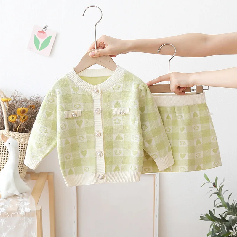 Plaid Knit Clothing Set for Girls Early Autumn Baby Girl Mini Knitted Skirt Sets Nice 2PCS Kids Sweaters Girls Jackets FY07243