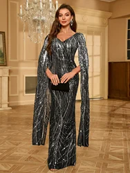 Unithorse Random Cutting Flower Patterns V Neck Long Sleeve Sequined Evening Dress