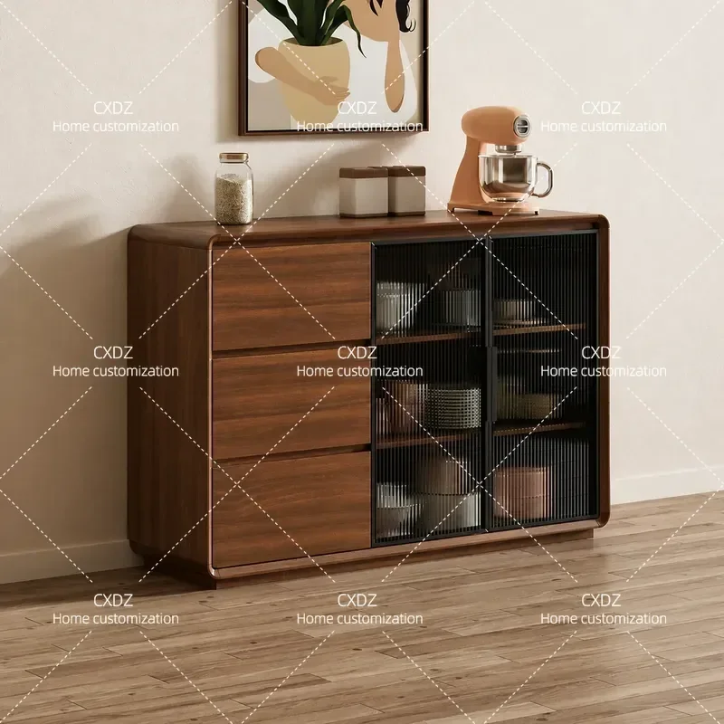 New Chinese Style Dining Side Cabinet Wall Mounted Ultra Thin Kitchen Locker Solid Wood Walnut Color Living Room Storage
