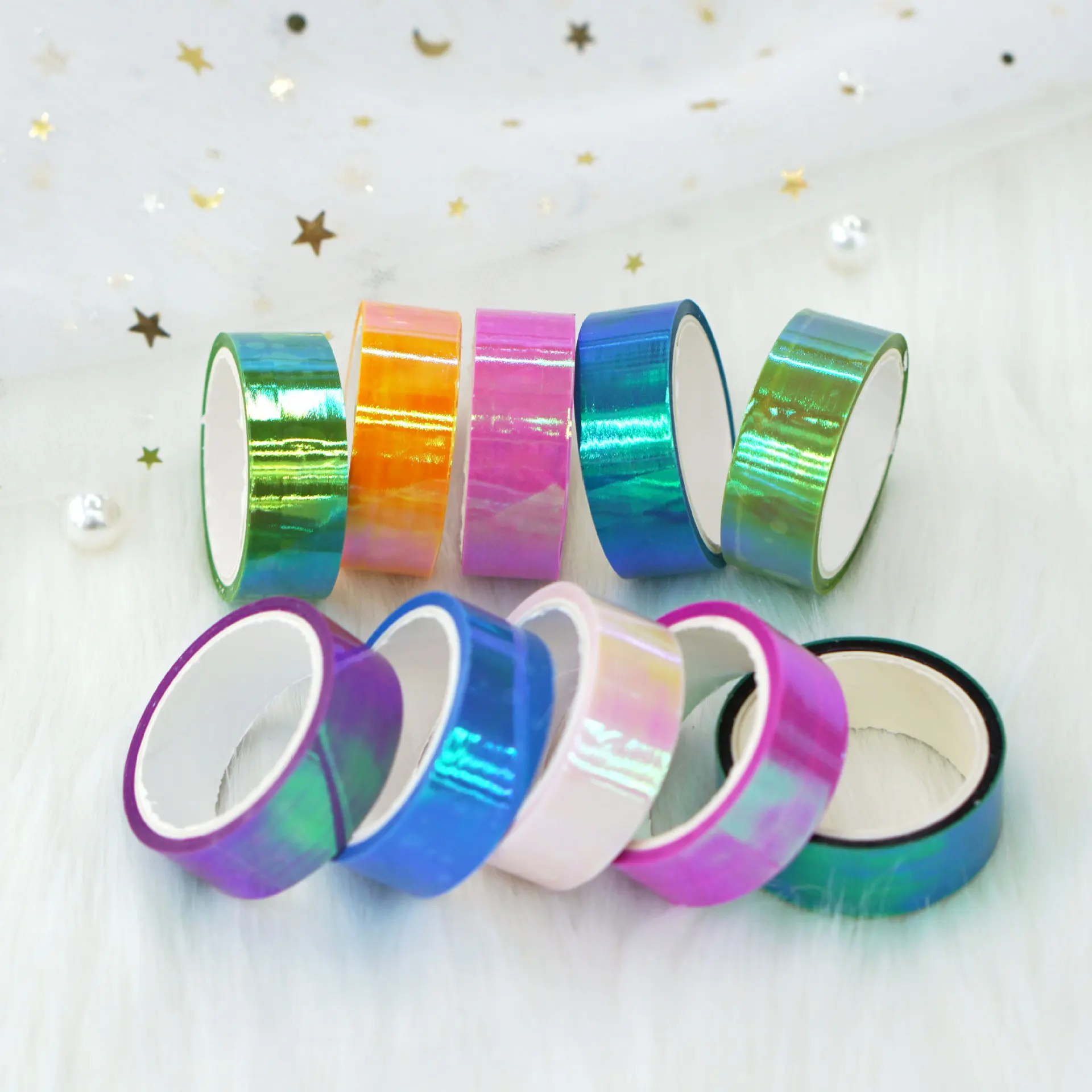 10 Rolls of Iridescent Iris Laser Film Tape Mermaid Ji Cool Hand Account DIY Decorative PE Sticker Washi Tapes 5m