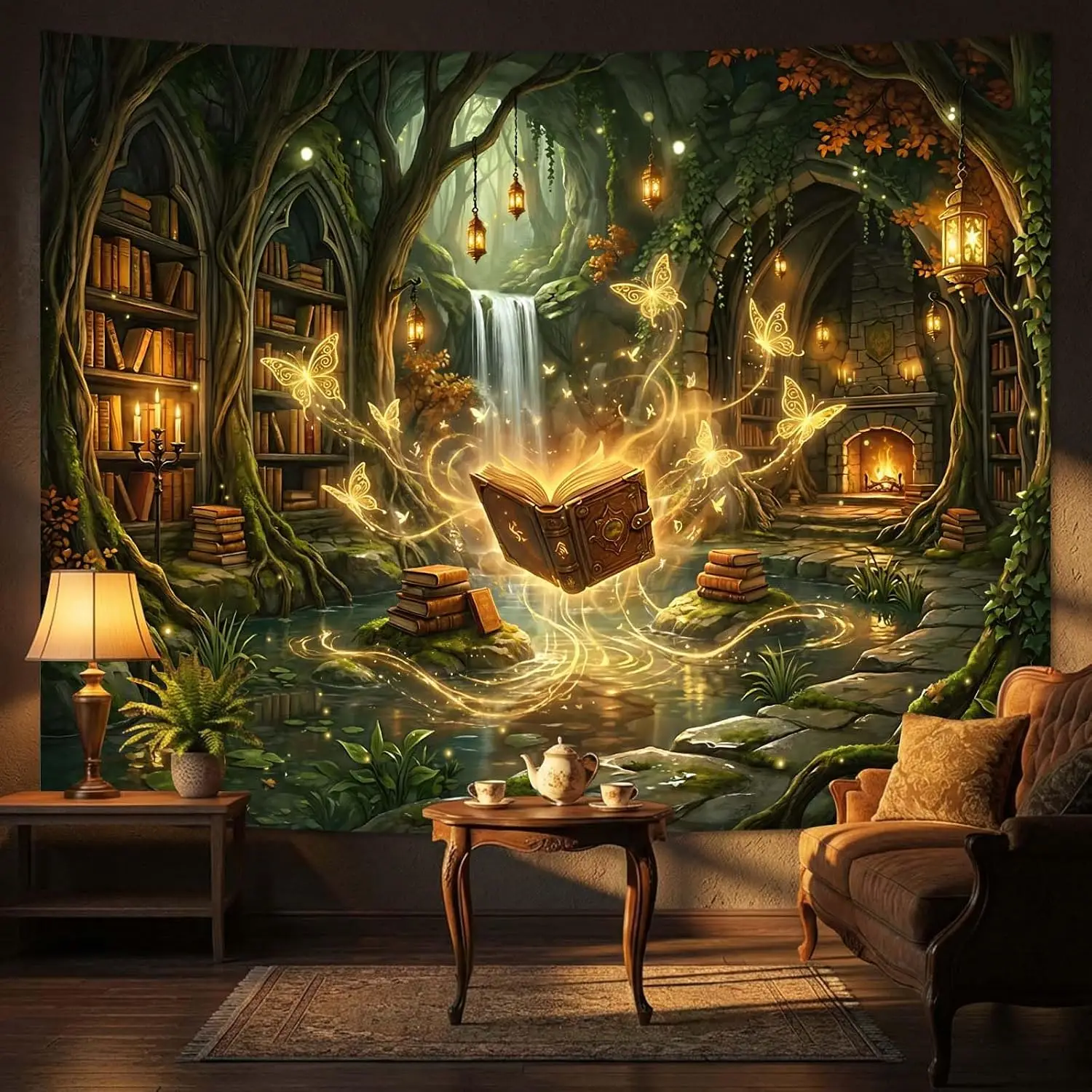 Wall Tapestry for Bedroom Aesthetic Tapestry Magic Forest Library Enchanted Waterfall Floating Book Art Fairy Tale Room Decor
