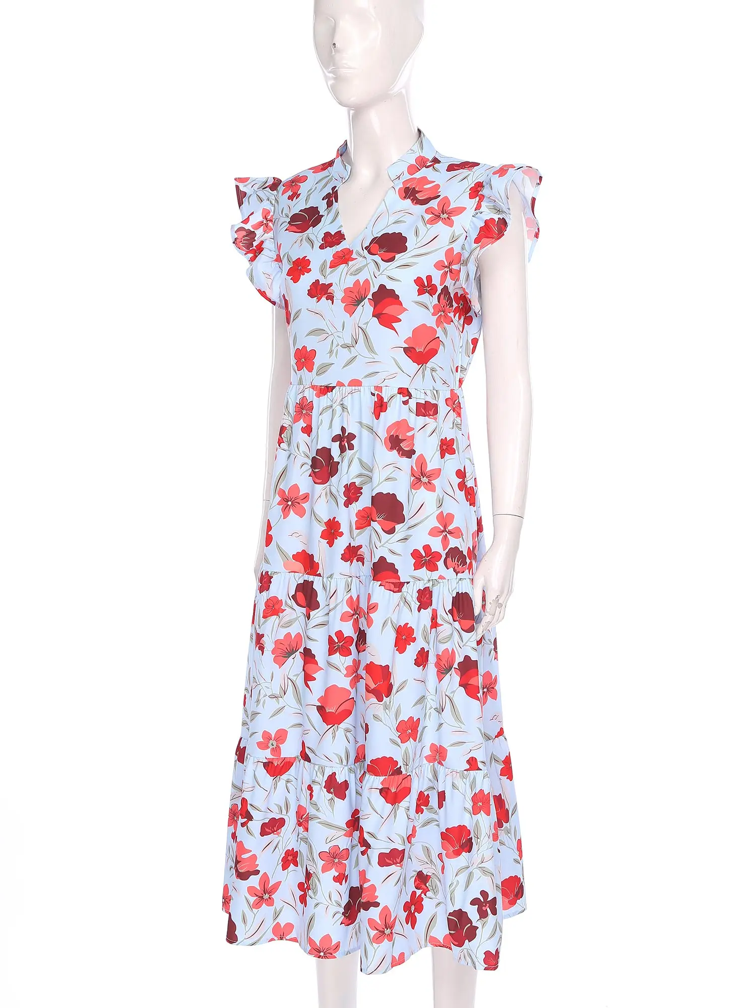 Abito floreale Lady Abiti lunghi da spiaggia da donna Stile Boho Scollo a V Increspato Esci Vacanza Abito da sole Abito casual fluido Prendisole