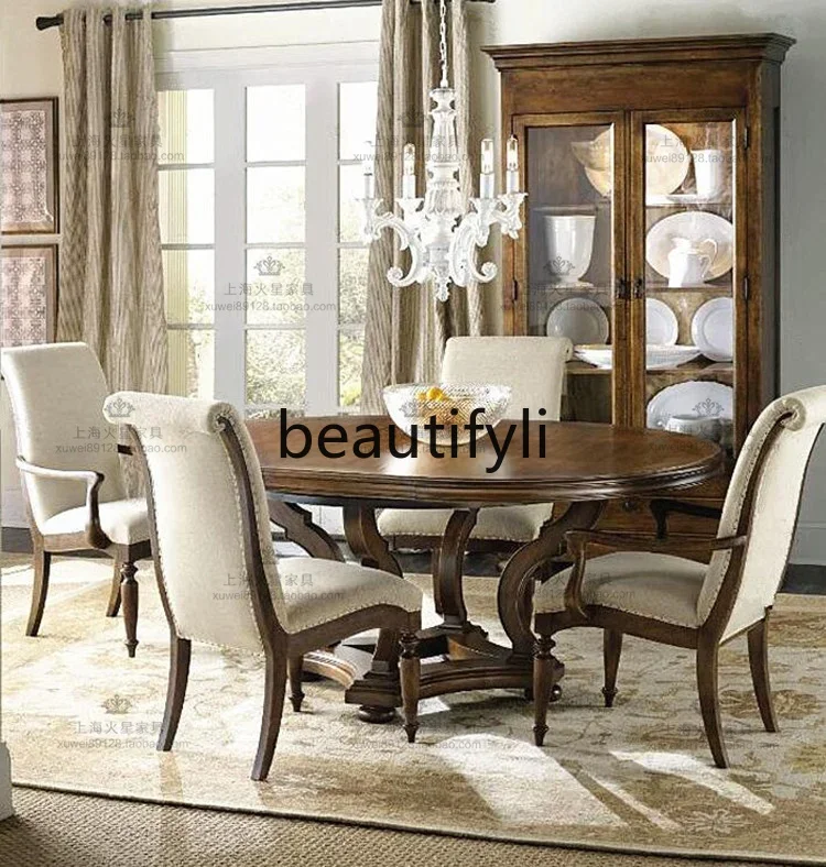 

American rural retro solid wood round dining table European dining table and chairs French design furniture2936