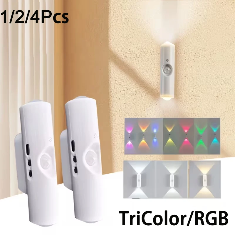 Rechargeable Smart LED Motion Sensor Night Light 1/2/4Pcs 3-Color/RGB Optional Wall Lamp for Bedroom Wardrobe Ambient Lighting