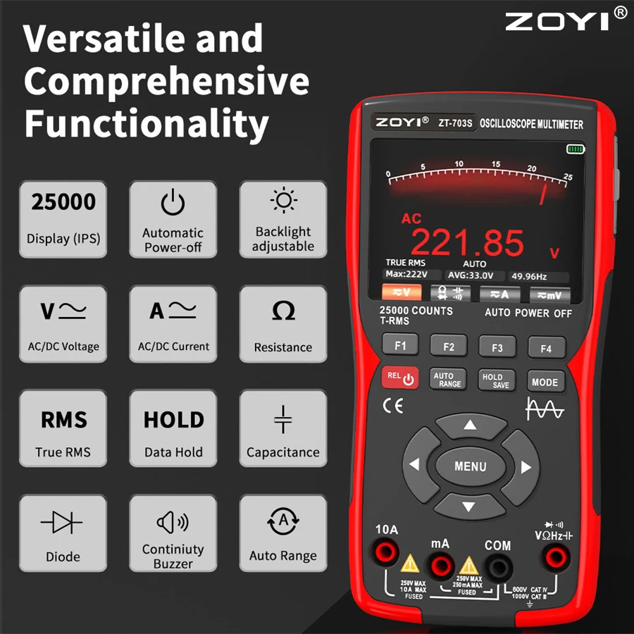 

ZOYI Color screen ZT-703s dual-channel oscilloscope 50MHz high-precision multi-function three-in-one multimeter signal generator