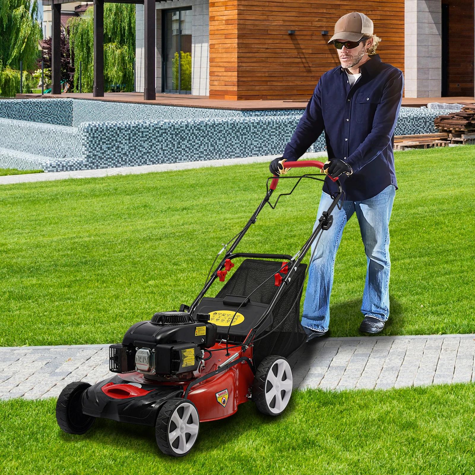140CC 5HP Self Propelled Gas Lawn Mower, 20 Inch 4-Stroke High Wheel FWD Gas Walk Behind Self Propelled Lawn Mower Single Cylinder Motor OHV Gasoline Engine with 60L/15.85gallon Capacity Bag