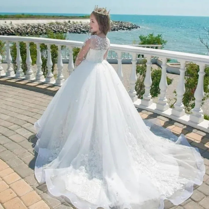 White Flower Girl Dress Beautiful Tulle Lace Appliques Pearl Long Sleeves Fit Wedding Birthday Princess Pageant Gown