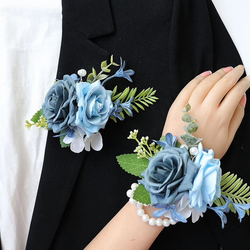 

25037 Dark Blue Bohemian Rose Flower Boutonniere and Wrist Corsage Perfect for Brides Groomsmen and Wedding Decorations