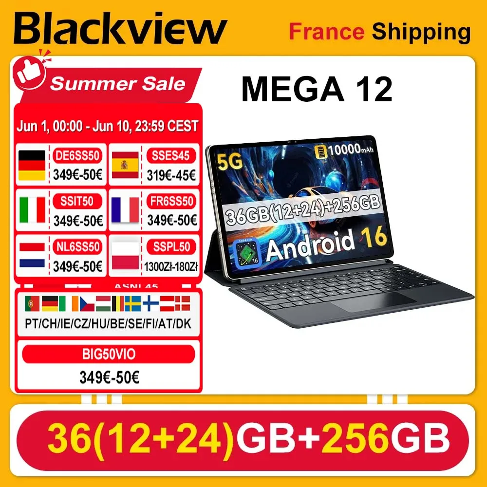 [Shipping From France] [No EU charger] Blackview MEGA 12 12GB+256GB Tablet 12.2" 2.4K 120Hz 50MP+13MP 10000mAh Battery 5G Pad PC