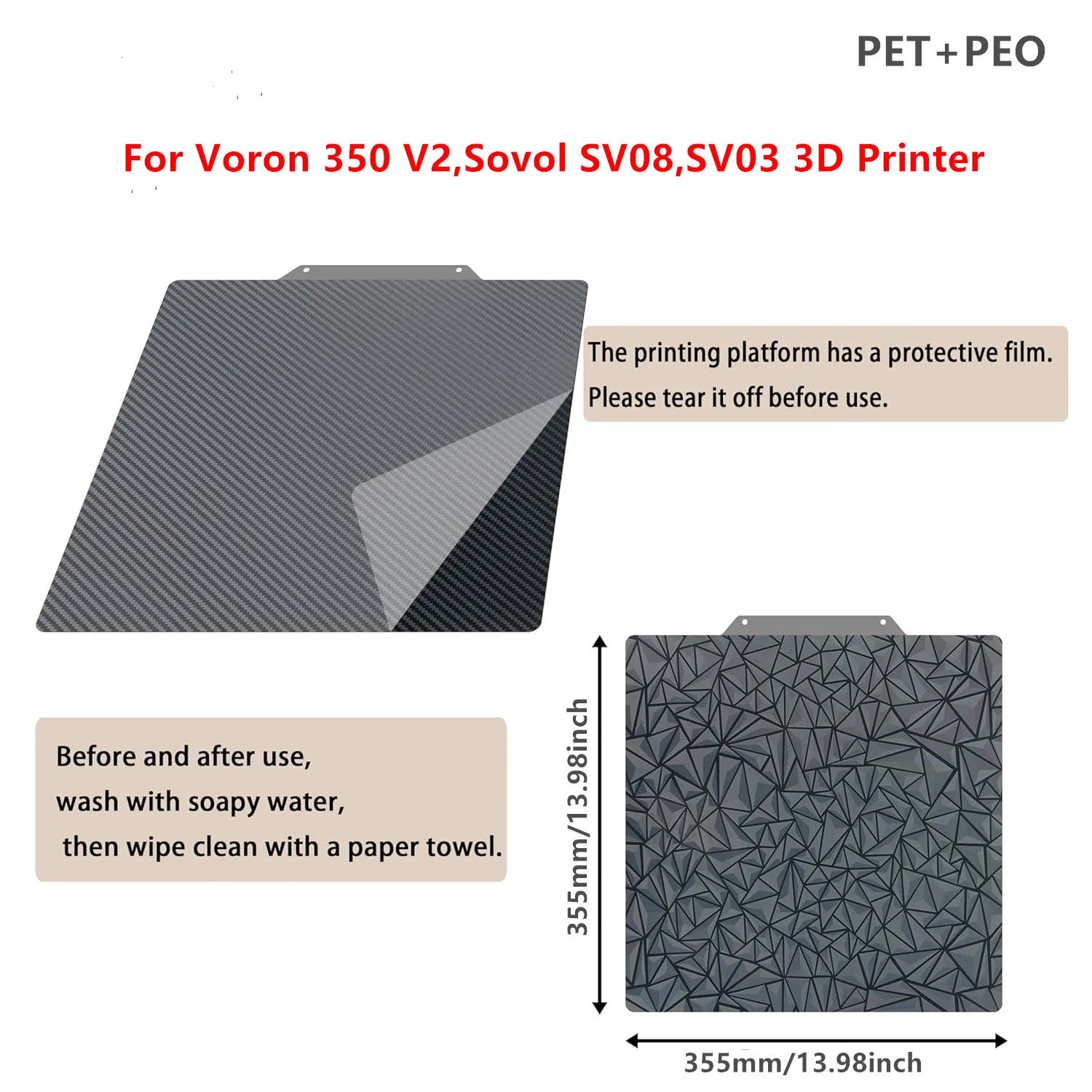 PEI Sheet 355x355mm Double Sided Smooth PET PEO Spring Steel Sheet Magnetic Build Plate for Voron 350 V2,Sovol SV08 3D Printer