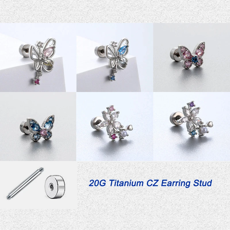 20G Butterfly CZ Earring Stud for Women Girls Trendy, Hypoallergenic Titanium Floral Cartilage Helix Stackable Piercing Jewelry