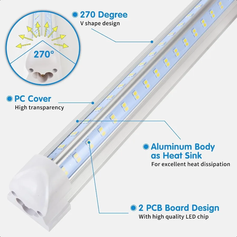 Luz Led para tienda, luz Led para garaje, 2 pies, 25W, 6500K, luz diurna, 3200LM, cubierta transparente vinculable, VShape integrado para tienda debajo del gabinete