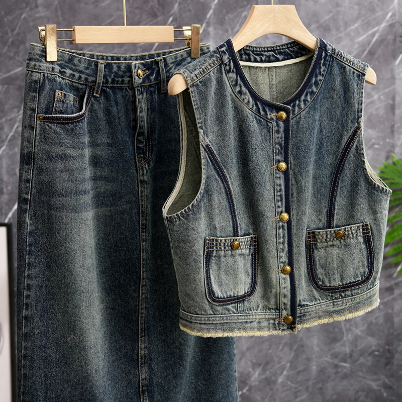 

Fashionable Vintage Denim Vest Top And Skirt Set Washed Cotton Two-Piece Women's Clothing Autumn Season