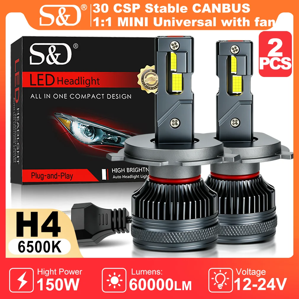 Светодиодные лампы S&D H4 H7 для фар CANBUS H11 H1, светодиодные противотуманные фонари 6000K 150W с турбовентиляторами, автомобильные лампы для вождения, 60000LM.