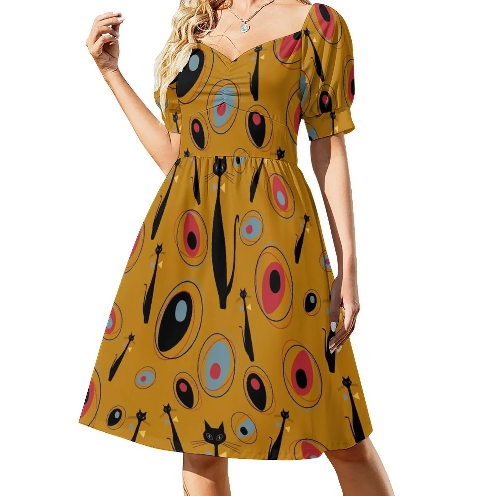 

Mid-Century Modern Art Atomic Cats 1.2 Half-Drop Pattern Short-Sleeved Dress Woman dresses women evening dress