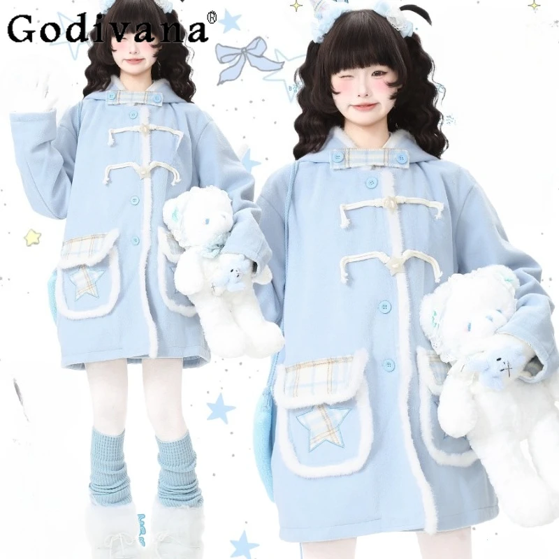 

Blue Embroidered Wool Coat Cotton Jacket for Women Winter Thickened Outerwear Woolen Coat Female Japanese Style Lolita Overcoat