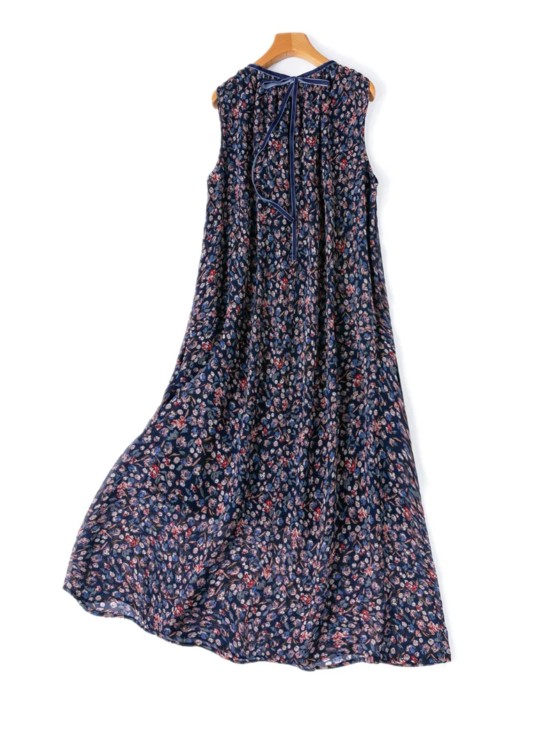 SuyaDream, Women Vacation Silk Georgette Floral Print Sleeveless A-Line Double Layer Loose Midi Dress