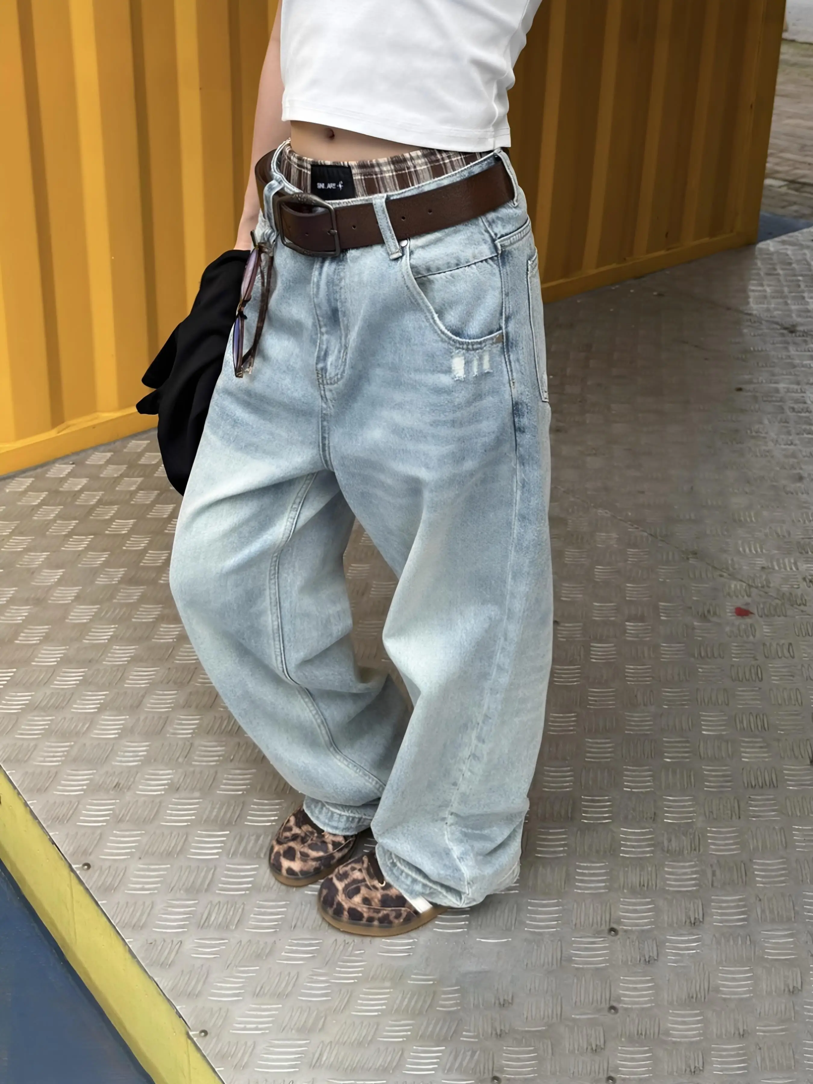 Women's Blue Y2k Oversize Jeans Harajuku Vintage Wide Leg Denim Trousers American Retro 2000s Style Boyfriend Jeans Pants Autumn