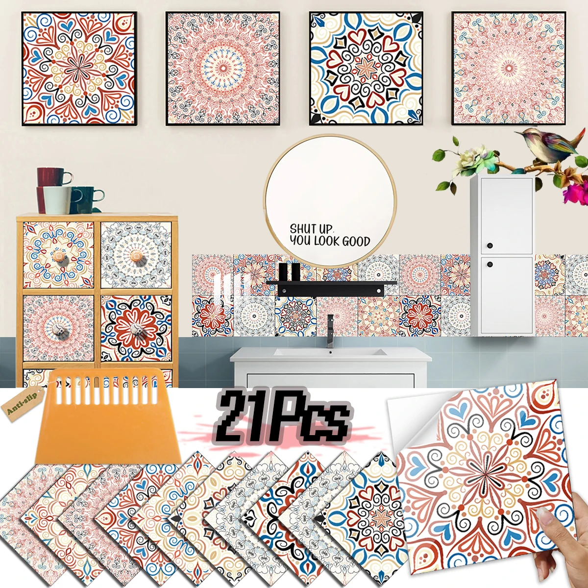 21Pcs Bohemian Style Pattern Fashion Moroccan Decals Waterproof Tile Stickers For Bathroom & Kitchen Renovation Self-Adhesive Wa