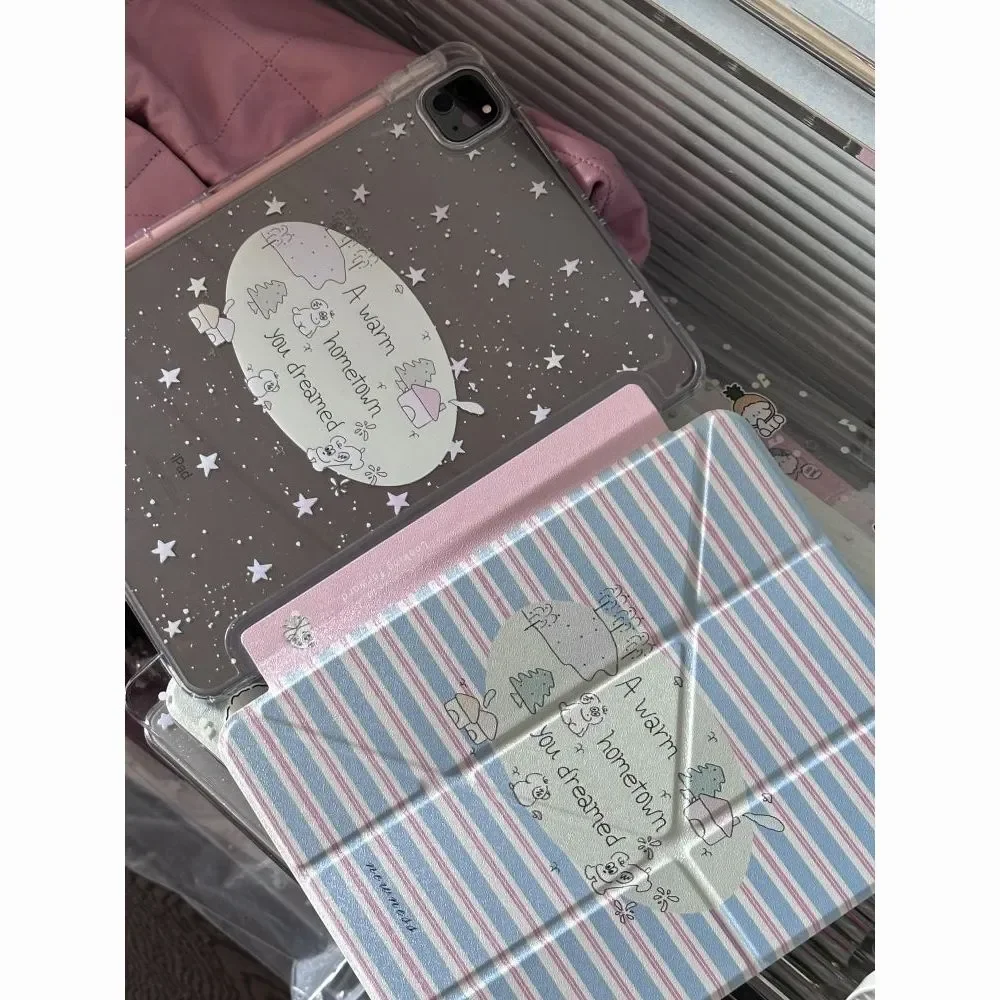 Blue and Pink Striped Cartoon Stars Dog Creative For iPad Case iPad 10 9 8 7 Air 6 5 4 3 2 Pro 11 Mini Y-Fold Tri Fold Cover