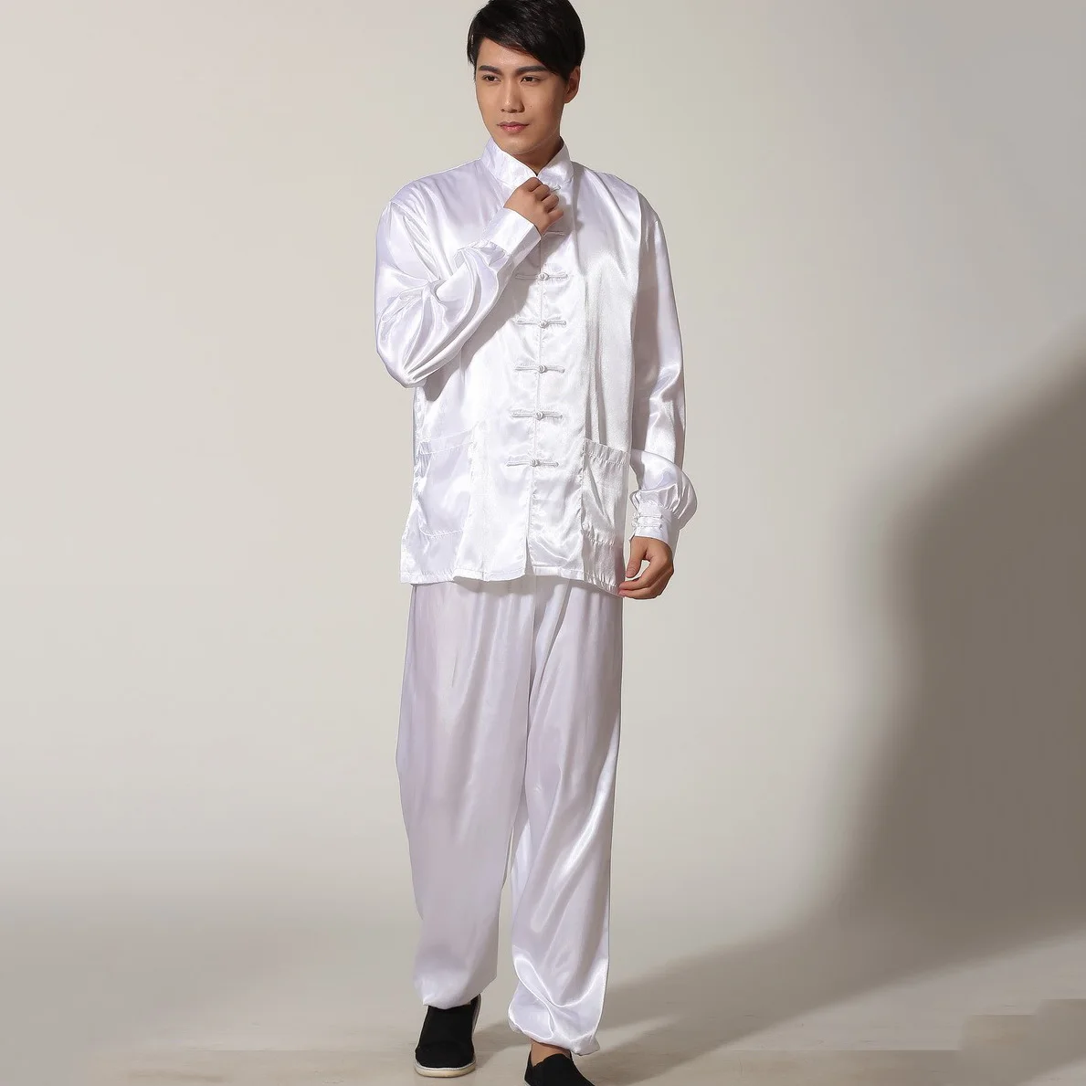 Gold Chinese Men\'s Satin Rayon Kung Fu Suit Vintage Tai Chi Sets Wu Shu Uniform Long Sleeve Clothing S M L XL XXL MS019