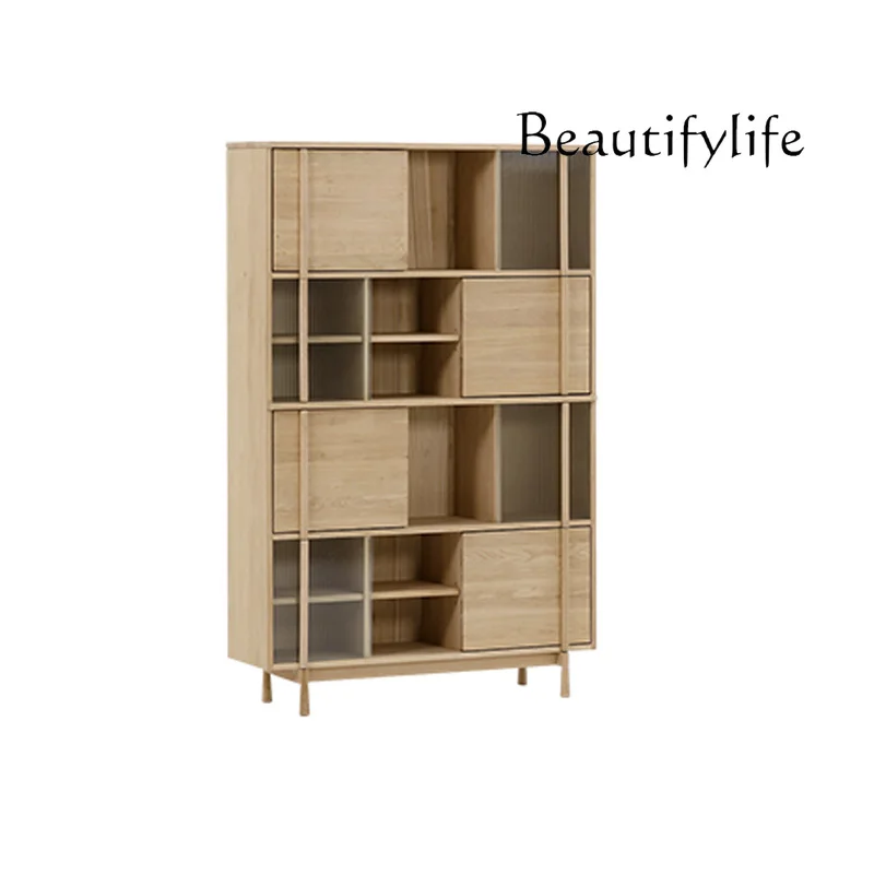 Nordic and Japanese Style Log Bookcase White Oak Solid Wood Glass Showcase Black Storage Study Bookcase