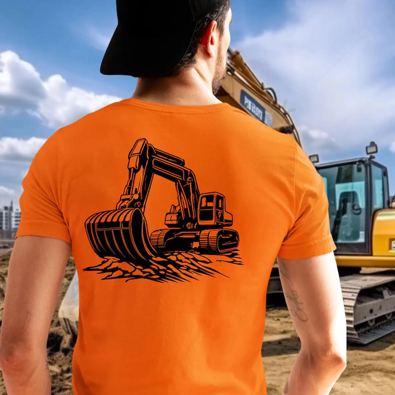 Digging Excavator T-Shirt Black White Art Heavy Equipment Operator Construction Hi-Viz Safety Color Blue Collar Pride Workwear