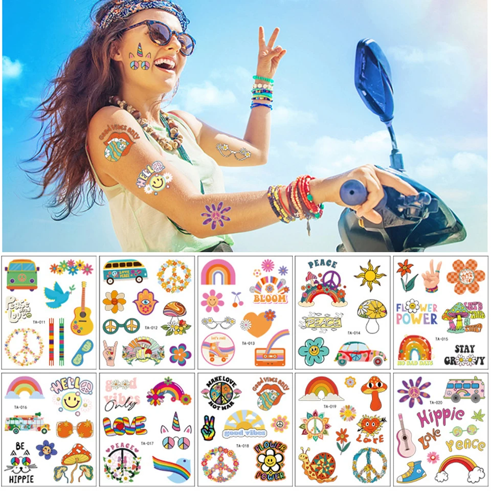 10pcs Hippie Tattoo Sticker 1970s Waterproof Love and Peace Birthday Party Band Flower Power Smiling Face Rainbow Sticker