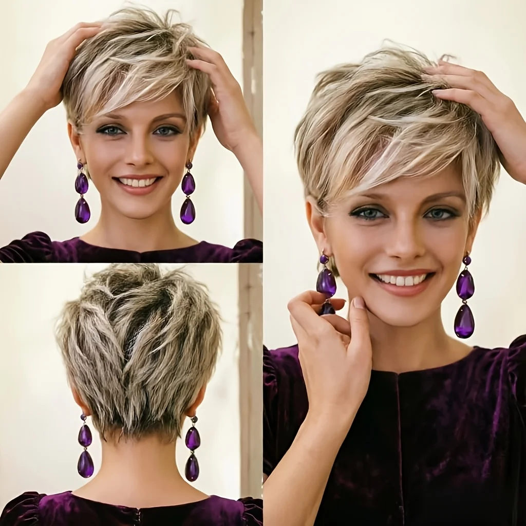 Women's short blonde wig with layered mixed gold bob wig with bangs, synthetic short hair replacement wig