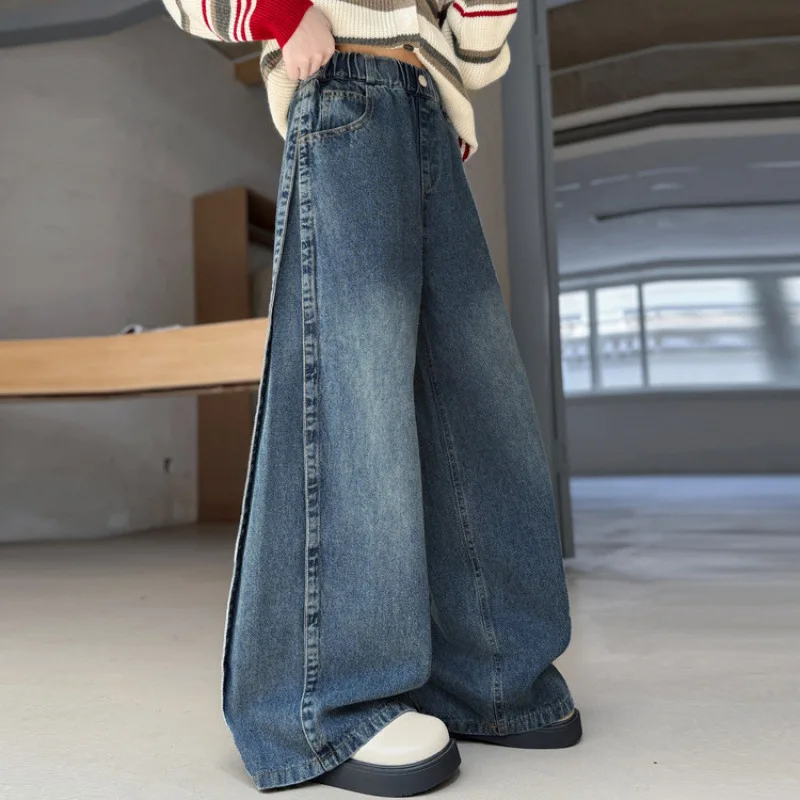 

Girls Jeans Spring and Autumn Edition Loose Girls Straight Trendy Cool Fried Street Older Children's Casual Wide Leg Pants