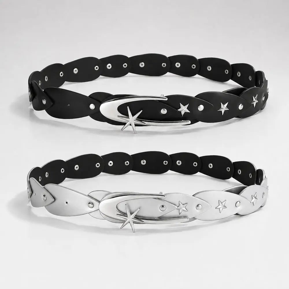 Wide Star Stud Waist Belt Women 110 cm Black or Metallic Silver Plastic Silver Hardware Dresses Jeans Trousers Costume Styling