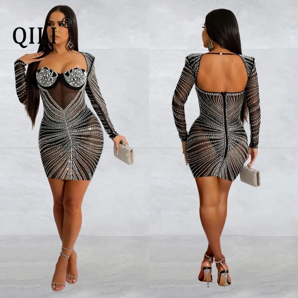 QILI-Women's Long Sleeve Rhinestone Dress, Sexy Midi, White, Monochromatic, Mesh, Hot Diamond Short Dress