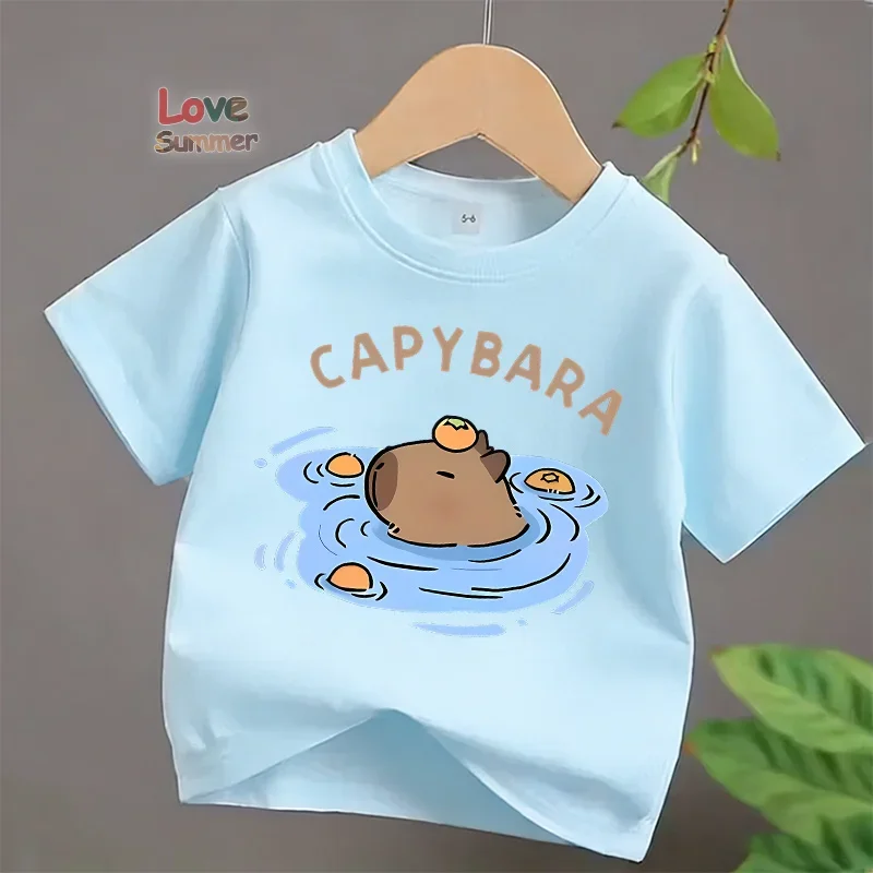 4 To14Y boys Girls Casual Capybara Print Short Sleeve T-Shirt 2026Cute Spring Summer Crew Neck Top